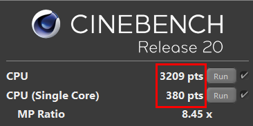 Cinebench R20 scores for CPU / CPU (Single Core)